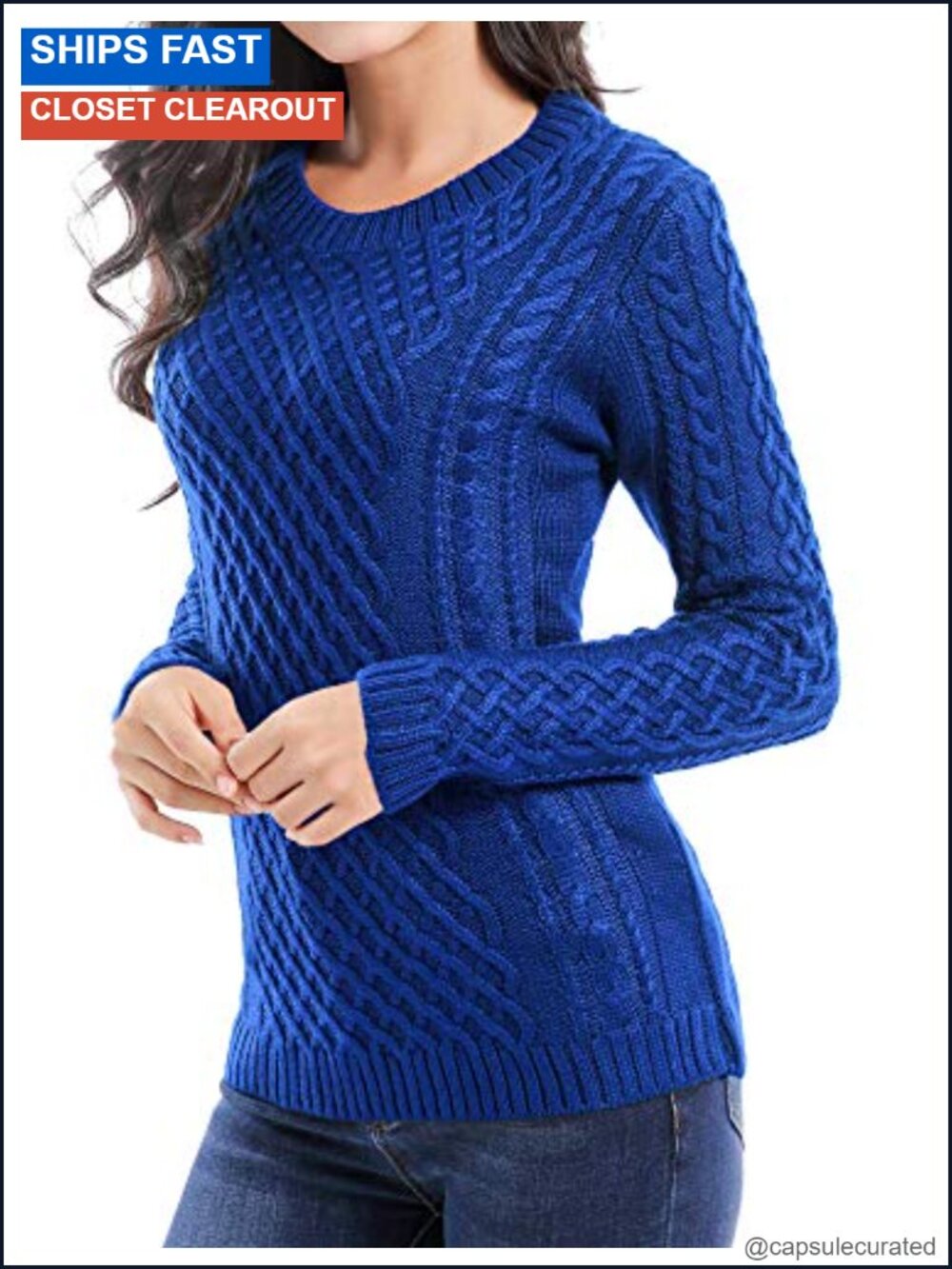 Crew Neck Cable Knit Long Sleeve Pullover Sweater Jumper